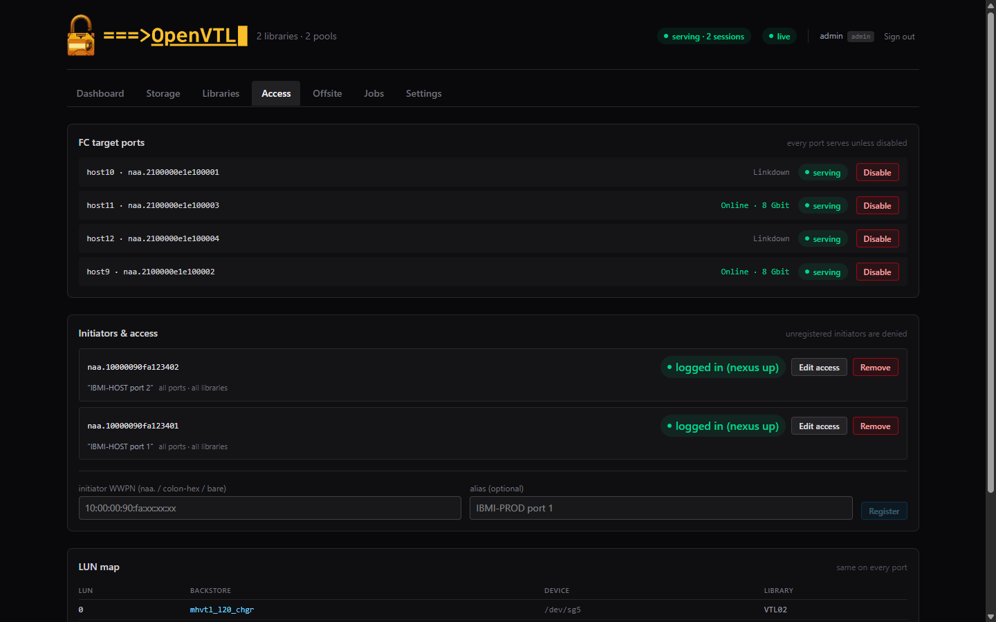 Access view — ports, initiators, LUN map