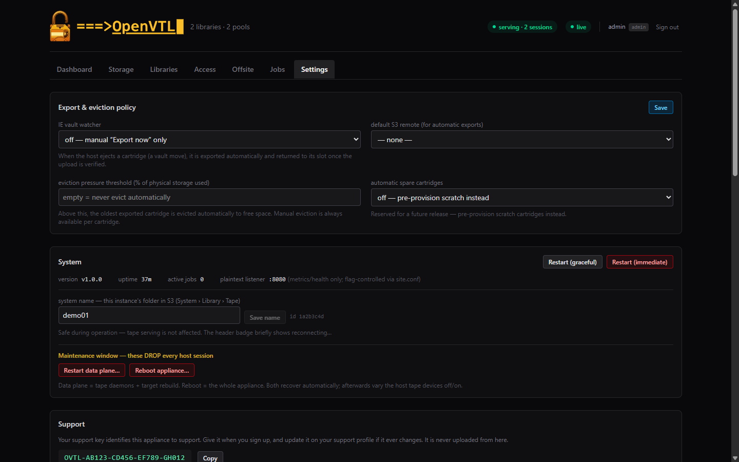 Settings — export & eviction policy